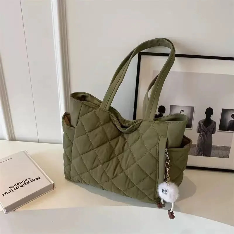 chic Quilted Tote Bag ,Large Capacity Handbag with Pendant ,Stylish Multi pocket shoulder Bags for Daily work, school,Errands