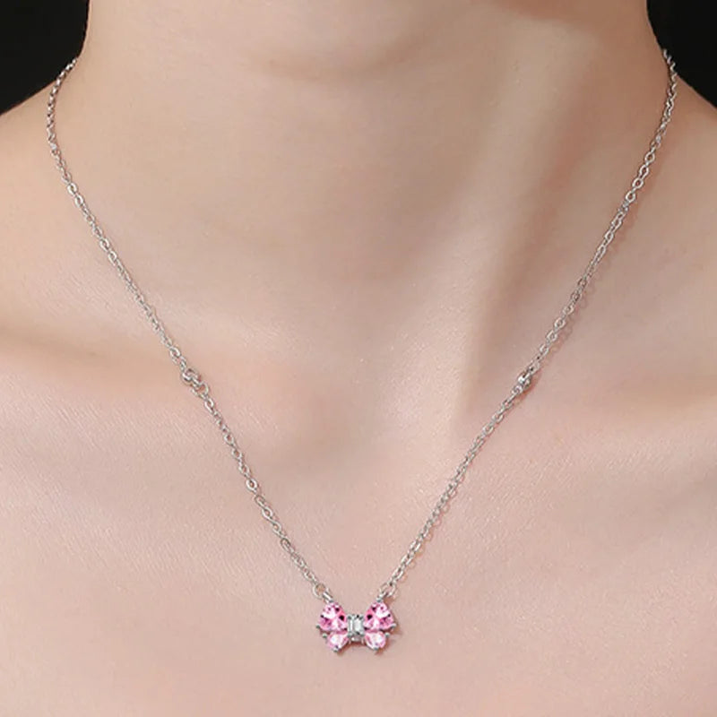 Argent 925 pink bow zircon pendant 925 sterling silver necklace for women choker sweet adorable style elegant jewelry accessory