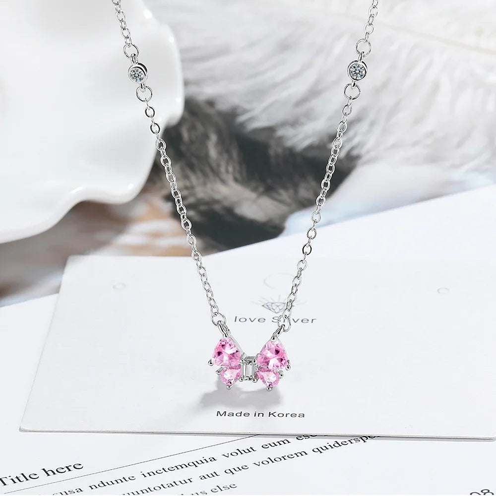 Argent 925 pink bow zircon pendant 925 sterling silver necklace for women choker sweet adorable style elegant jewelry accessory