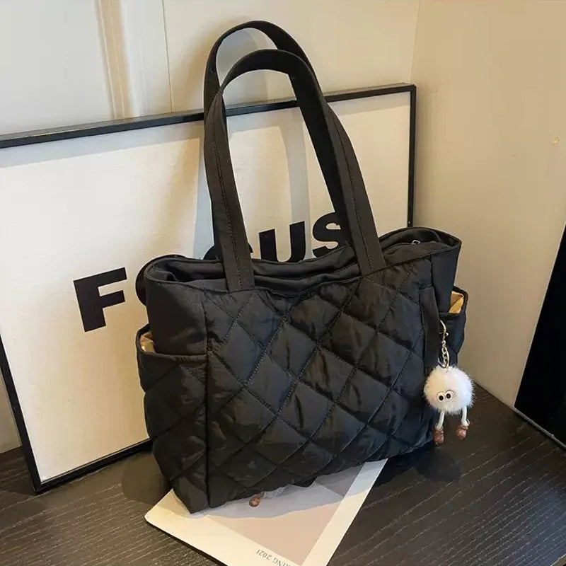 chic Quilted Tote Bag ,Large Capacity Handbag with Pendant ,Stylish Multi pocket shoulder Bags for Daily work, school,Errands