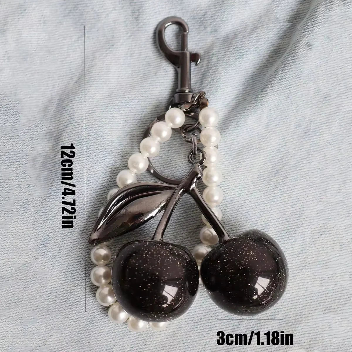 Cherry Keychain with Sparkling Resin Pendant — Black & Red Fashion Bag Charm