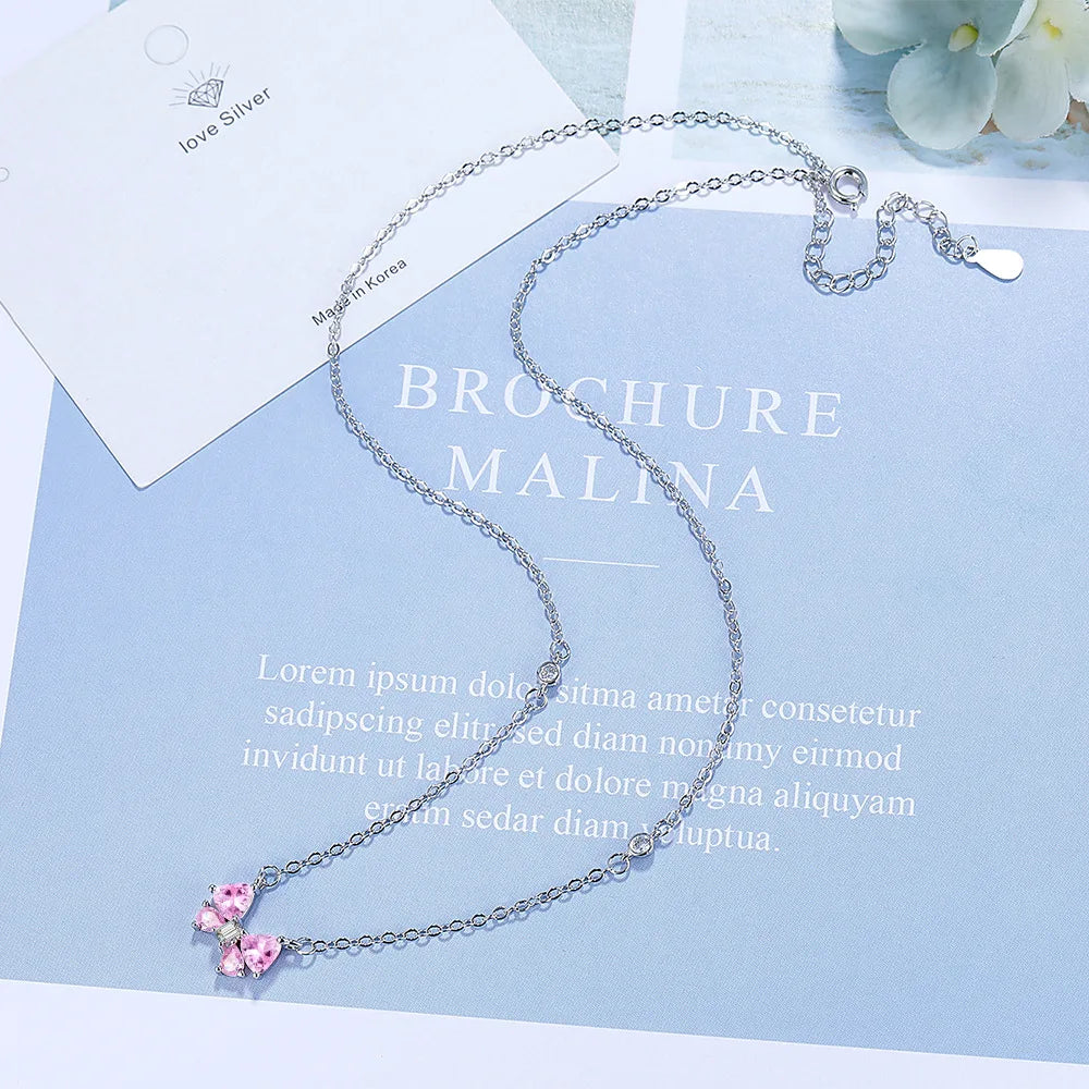 Argent 925 pink bow zircon pendant 925 sterling silver necklace for women choker sweet adorable style elegant jewelry accessory