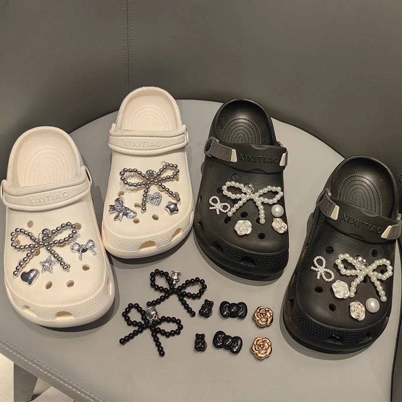 New peals bowknot shoes charm set 2026 punk heart flowers DIY shoe accessories ballet style silver datachable shoe buckle decor