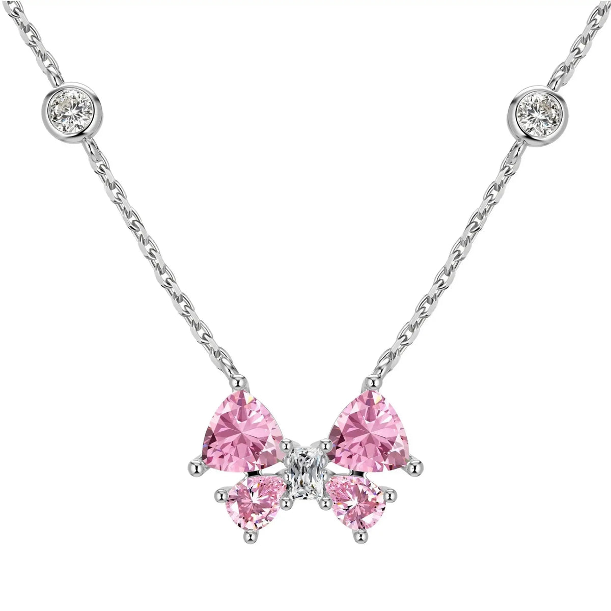 Argent 925 pink bow zircon pendant 925 sterling silver necklace for women choker sweet adorable style elegant jewelry accessory