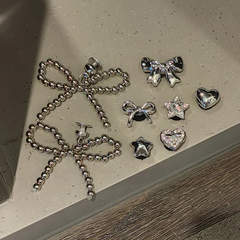 New peals bowknot shoes charm set 2026 punk heart flowers DIY shoe accessories ballet style silver datachable shoe buckle decor