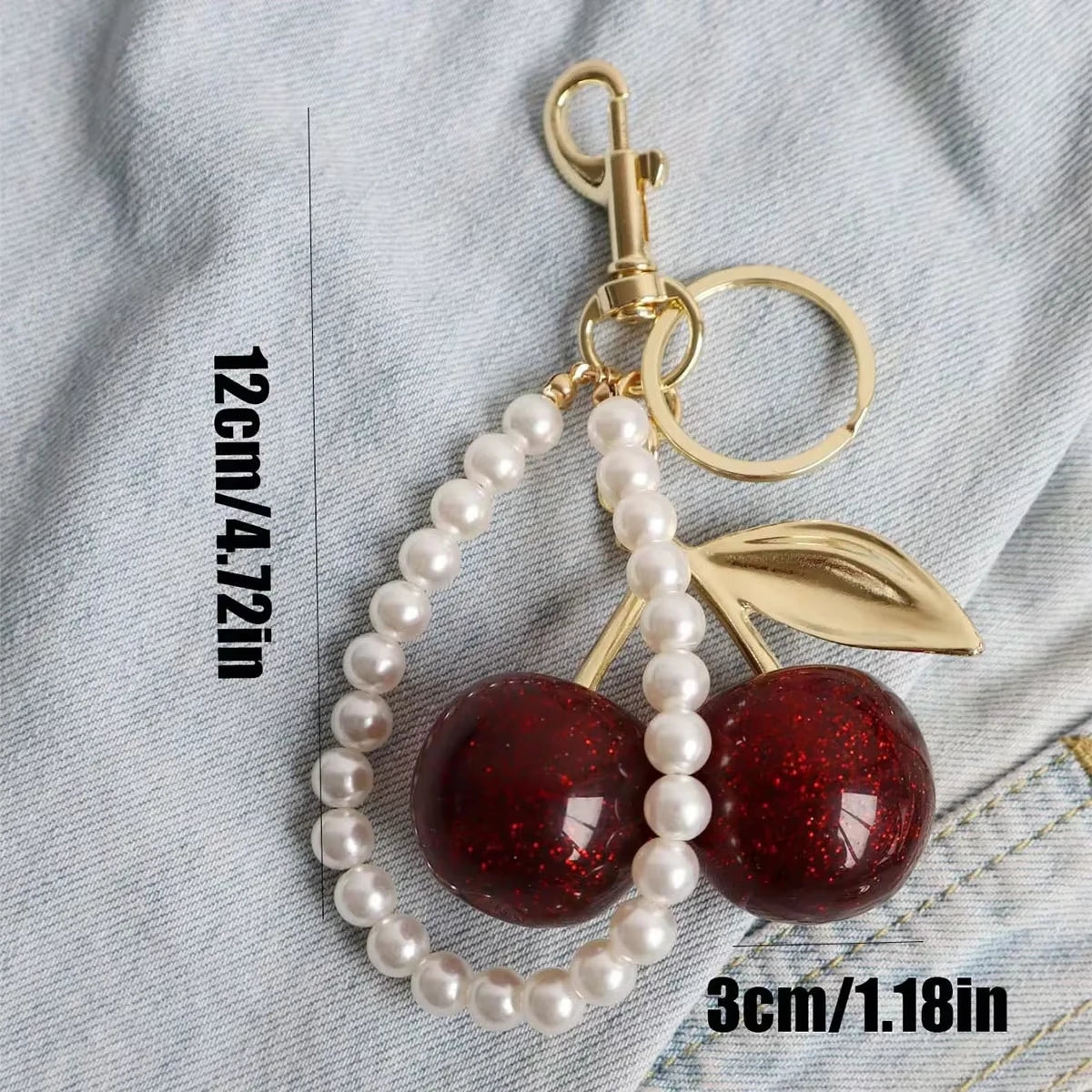 Cherry Keychain with Sparkling Resin Pendant — Black & Red Fashion Bag Charm