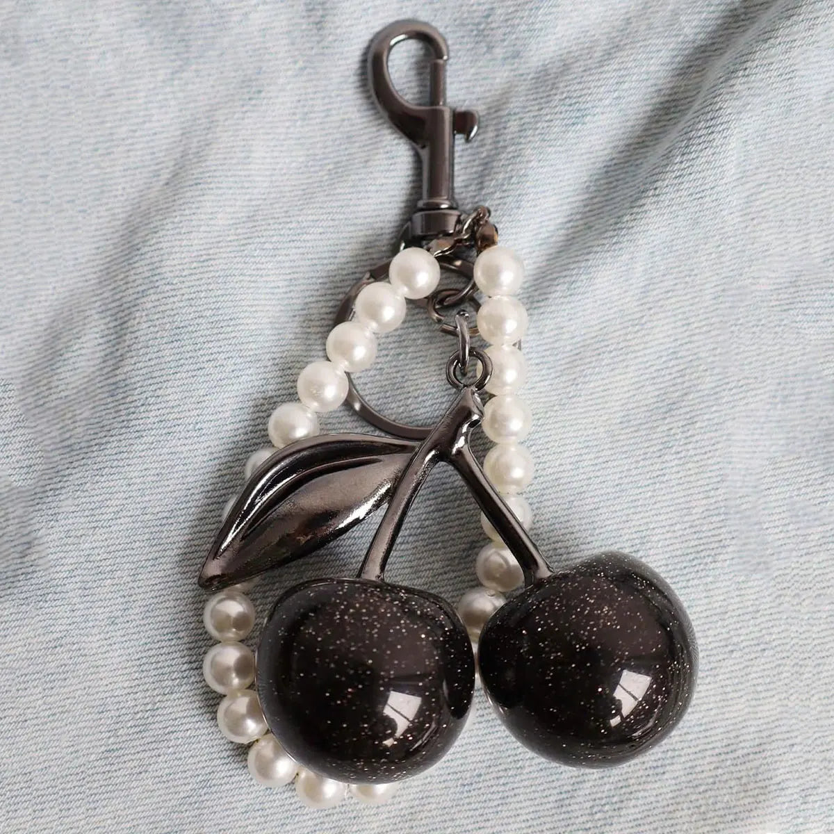 Cherry Keychain with Sparkling Resin Pendant — Black & Red Fashion Bag Charm