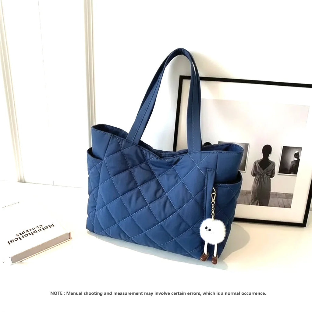 chic Quilted Tote Bag ,Large Capacity Handbag with Pendant ,Stylish Multi pocket shoulder Bags for Daily work, school,Errands
