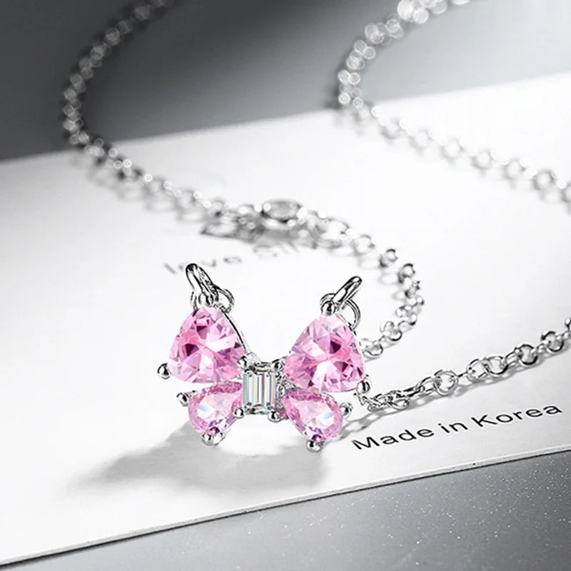 Argent 925 pink bow zircon pendant 925 sterling silver necklace for women choker sweet adorable style elegant jewelry accessory