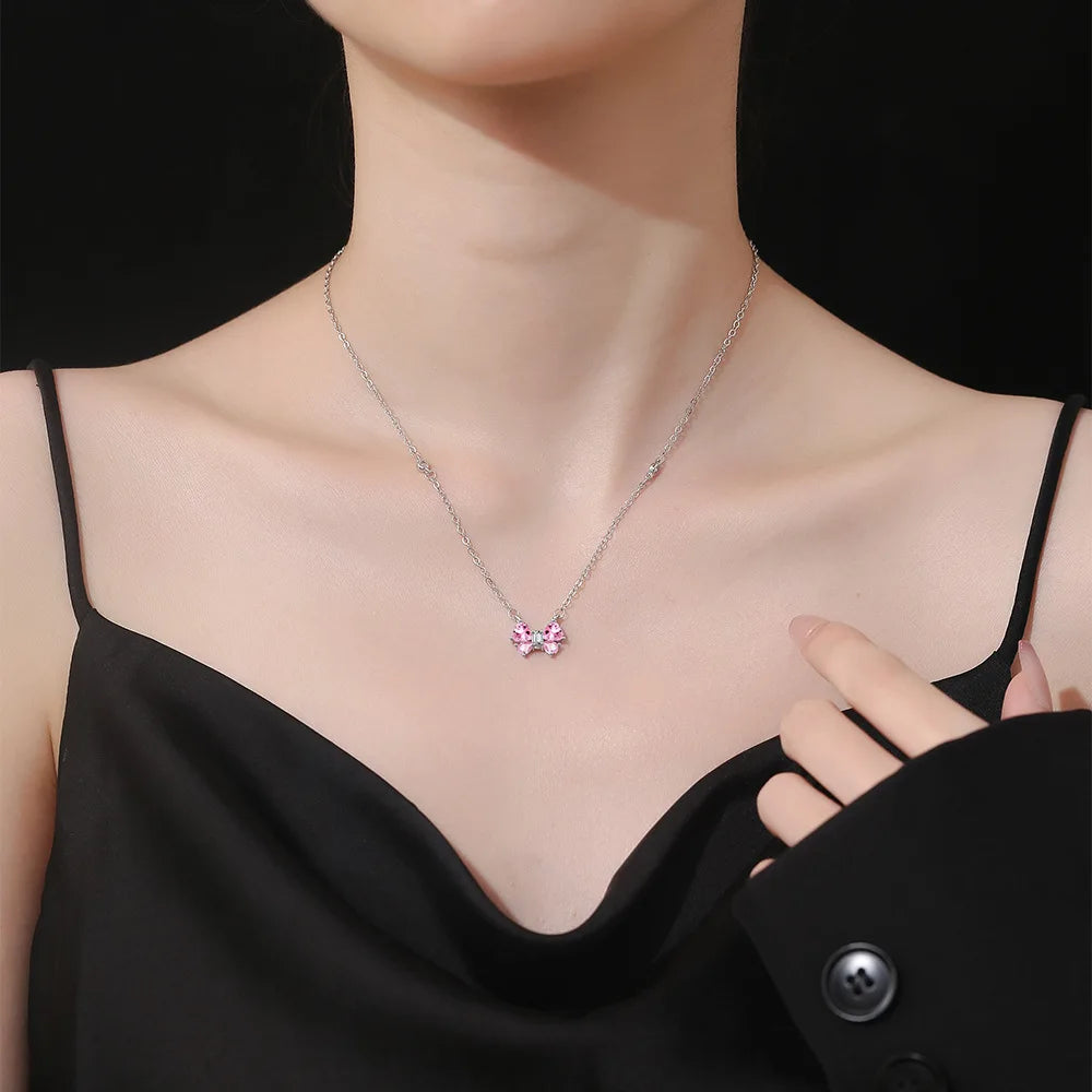 Argent 925 pink bow zircon pendant 925 sterling silver necklace for women choker sweet adorable style elegant jewelry accessory